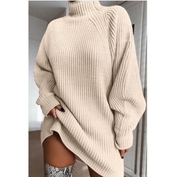 Grey turtleneck balloon sleeve fall sweater dress - Picture 4 of 4